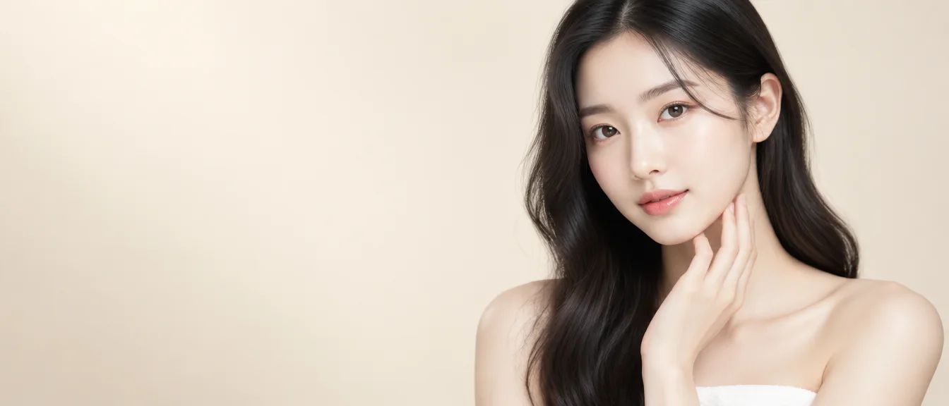 매끈한 피부결의 20대 여성 모델이 턱선을 손끝으로 쓸어내리는 모습 — 여드름 · 모공 · 흉터 이미지(AI 생성)