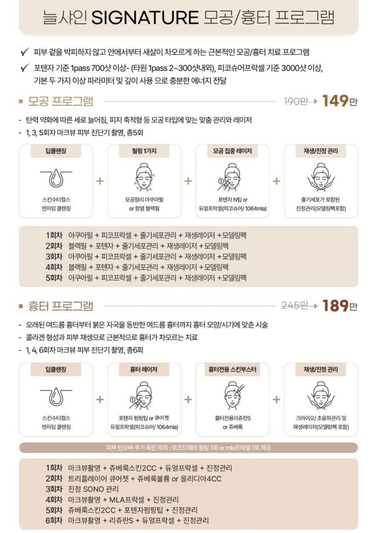 늘샤인의원 시그니처 모공·흉터 프로그램 가격표 — 모공 프로그램과 흉터 프로그램 회차별 구성