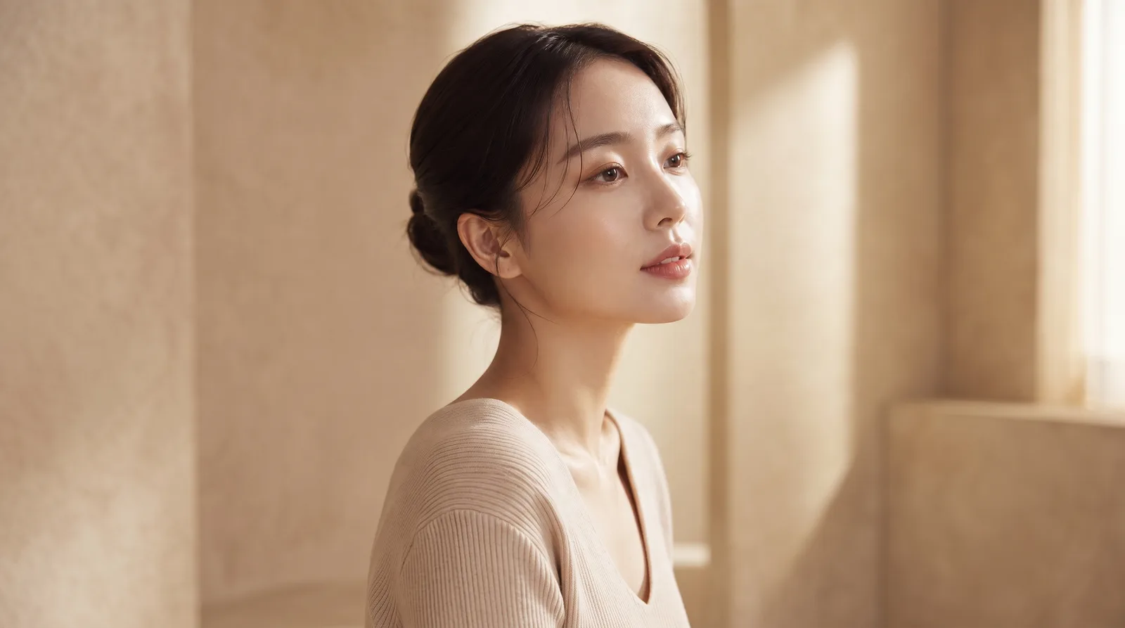 베이지 톤 배경 앞 20대 여성의 측면 뷰티 포트레이트 — 늘샤인의원 퍼스널 리프팅