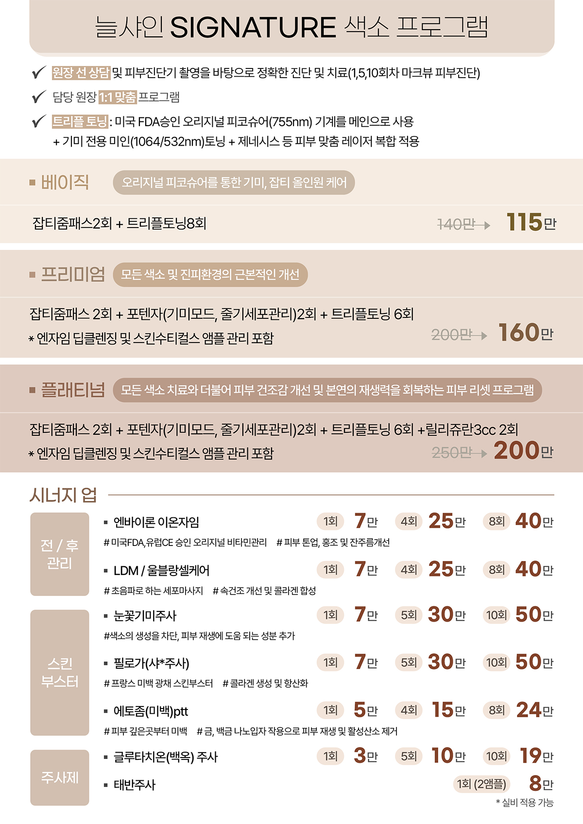 늘샤인의원 시그니처 색소 프로그램 가격표 — 베이직·프리미엄·플래티넘 및 시너지 업 관리