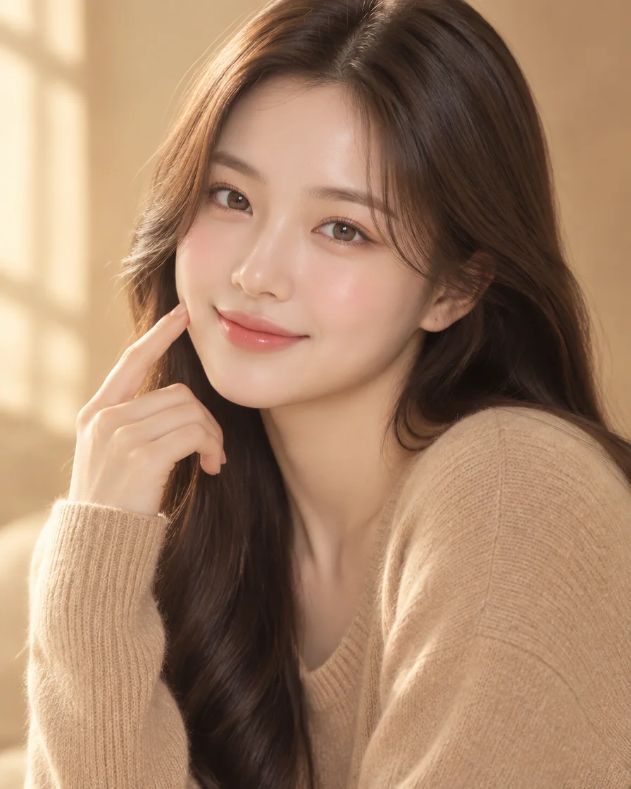 자연스럽고 볼륨감 있는 얼굴로 미소 짓는 20대 여성 모델 — 아티잔 필러 이미지(AI 생성)