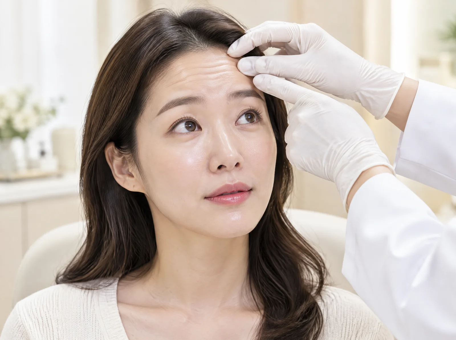 의료진이 장갑 낀 손끝으로 30대 여성의 이마 근육 움직임을 확인하는 장면