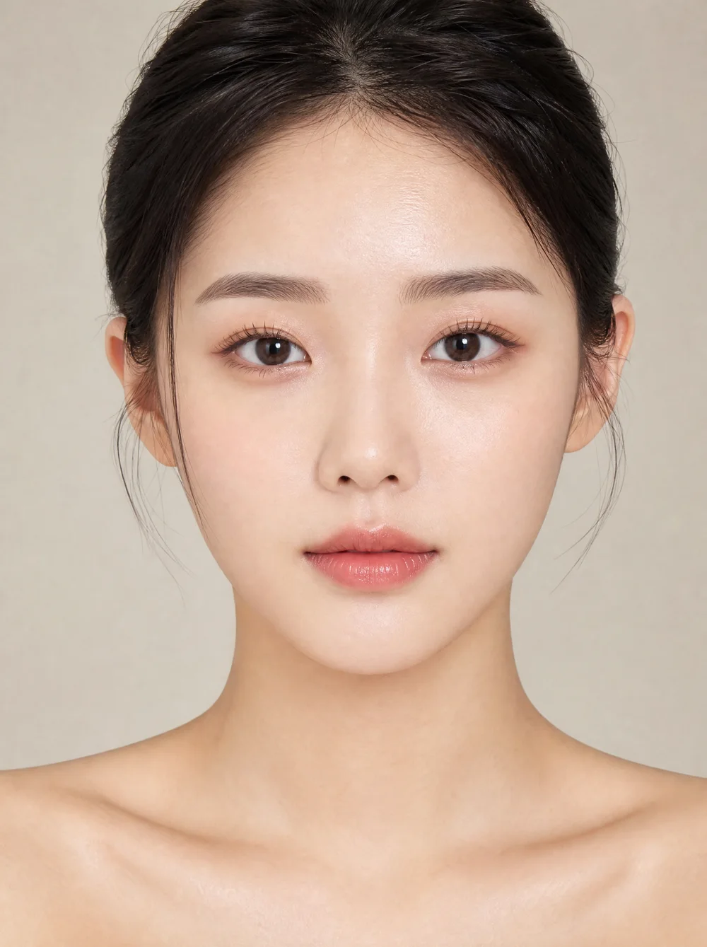 정면을 바라보는 20대 여성 얼굴 — 콧대·눈물고랑·옆볼·팔자·볼·마리오넷·심술보·턱선·이중턱 실리프팅 부위 안내