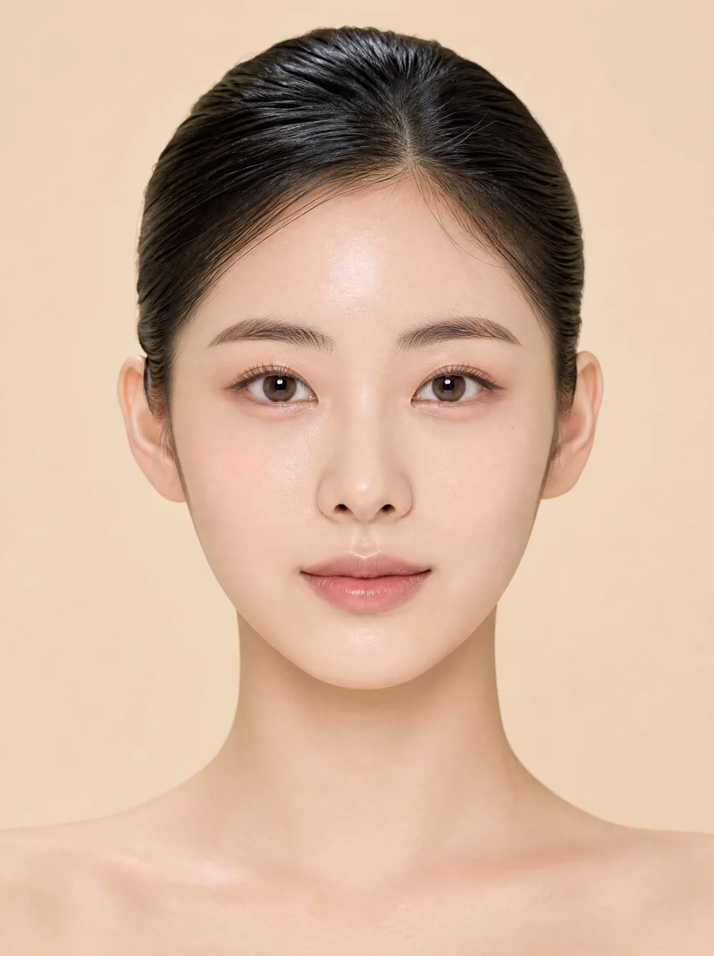 정면을 바라보는 20대 여성 얼굴 — 이마·미간·눈가·콧잔등·코·입술 위·입꼬리·자갈턱·측두근·사각턱·턱라인 보톡스 부위 안내