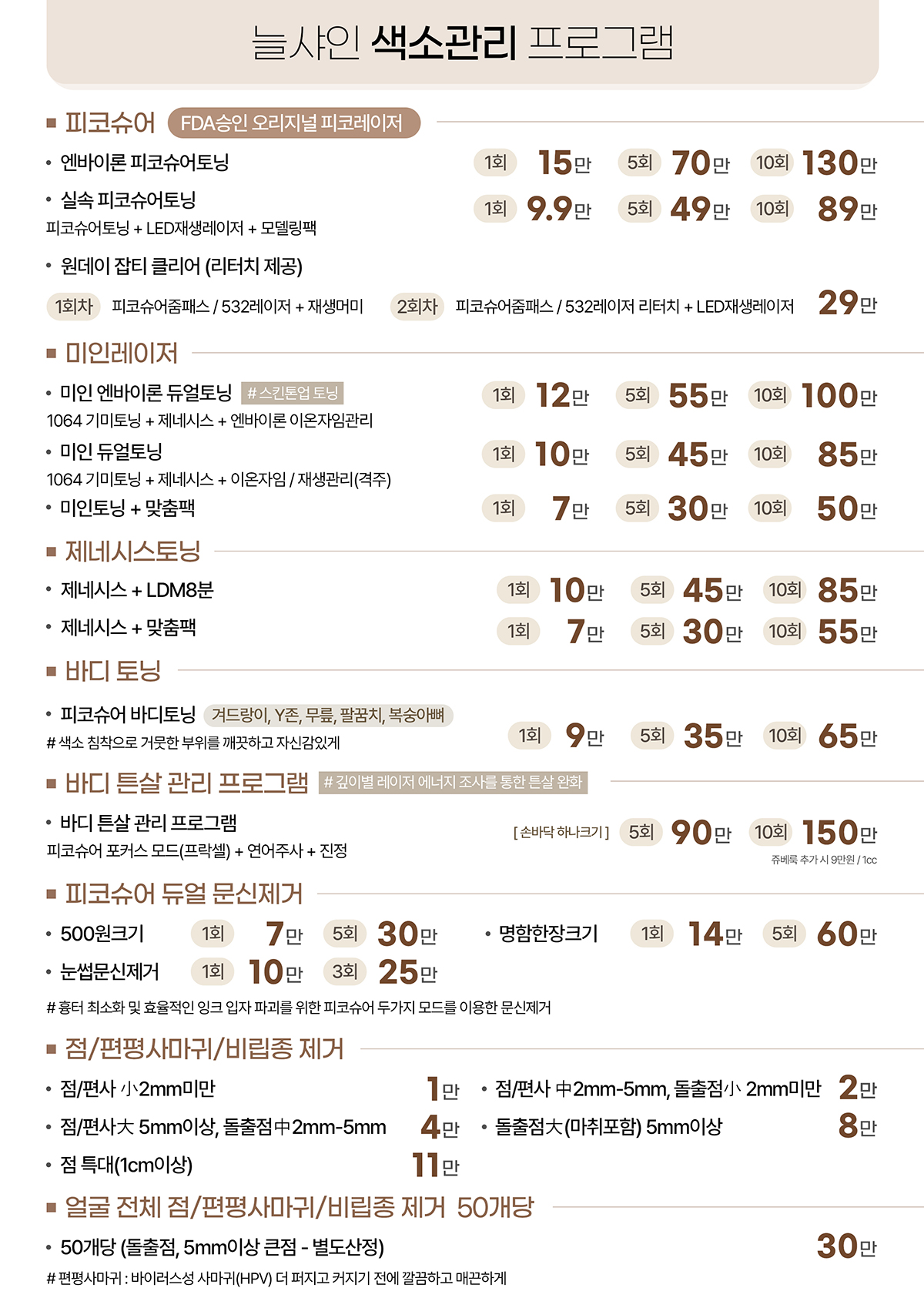 늘샤인의원 색소관리 프로그램 가격표 — 피코슈어·미인레이저·제네시스 토닝, 점·편평사마귀 제거