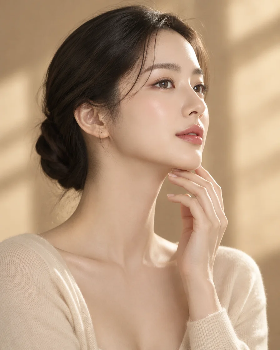 뚜렷한 턱선을 손끝으로 쓸어 올리는 20대 여성 모델 — 퍼스널 울쎄라 이미지(AI 생성)