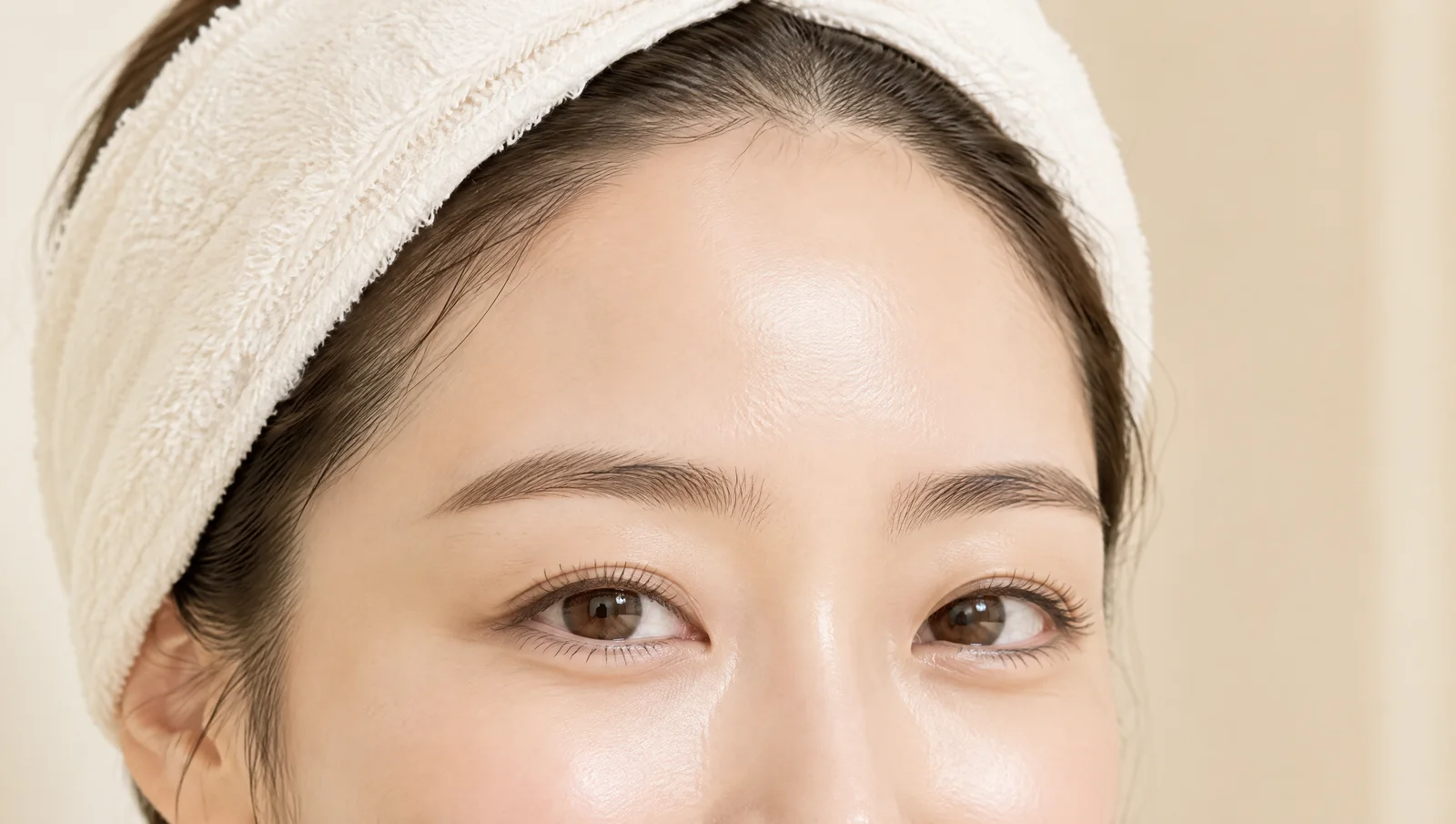 이마와 눈가가 매끈하고 편안한 표정의 30대 여성 얼굴 위쪽
