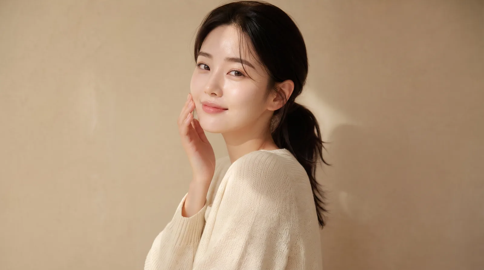 볼에 손끝을 대고 미소 짓는 맑은 피부의 20대 여성 — 늘샤인의원 퍼스널 색소 치료
