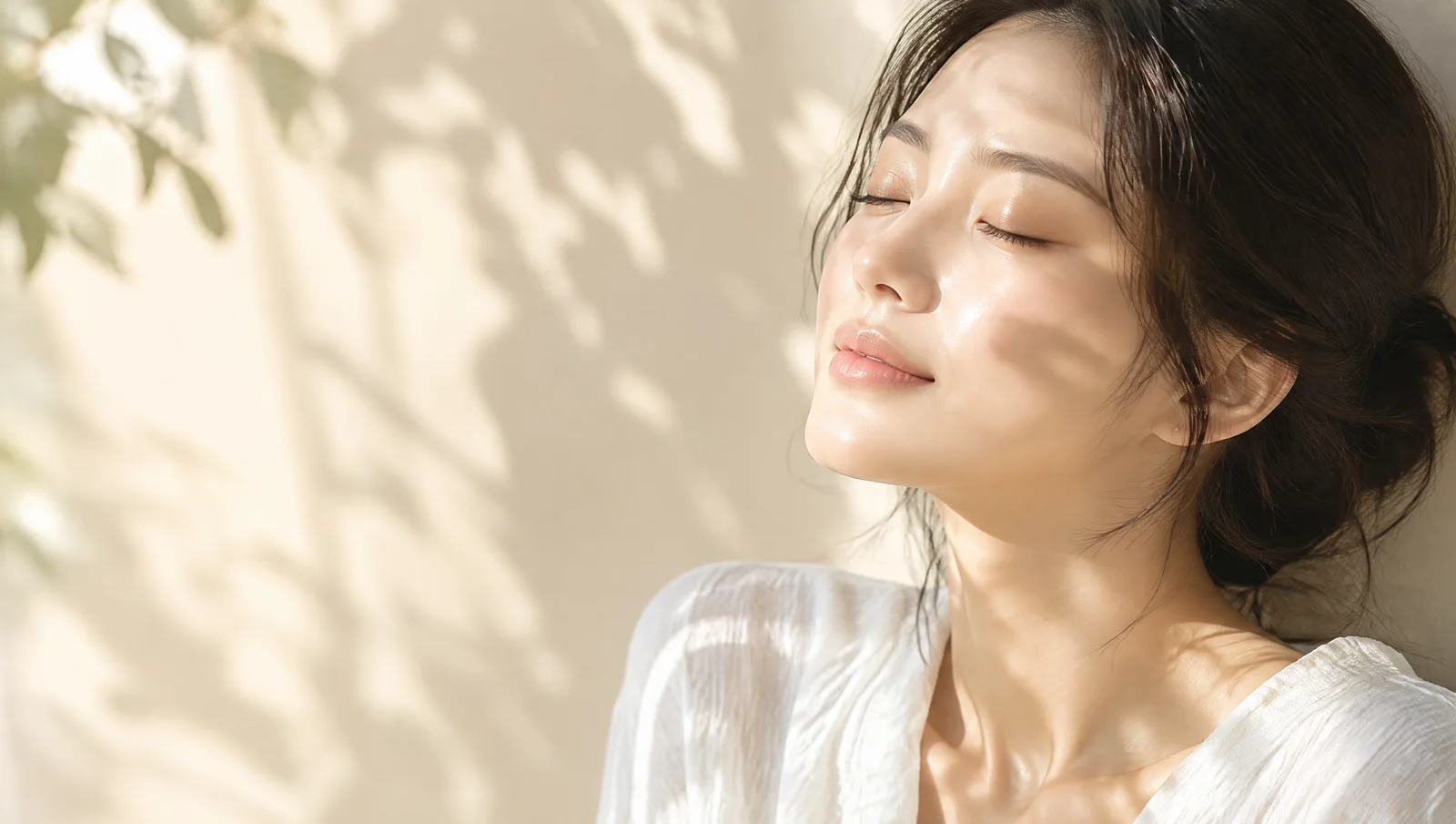 창가 햇살과 나뭇잎 그림자 아래 고른 피부톤의 20대 한국 여성 — 기미 칼럼 대표 이미지
