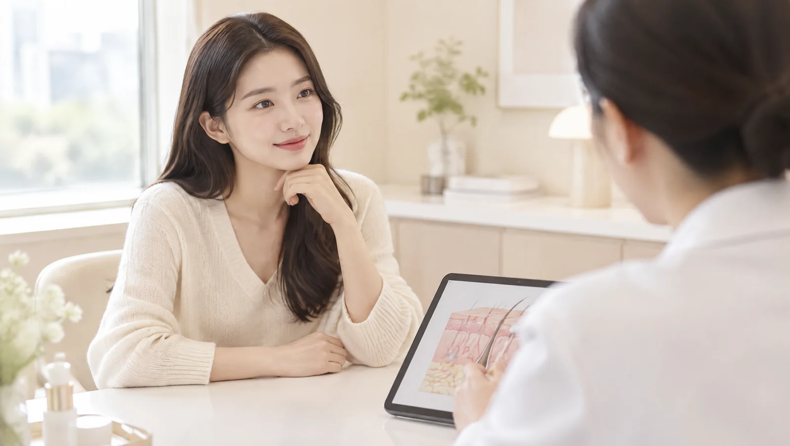밝은 상담실에서 의료진의 설명을 듣는 20대 여성 — 피부과 선택 칼럼 대표 이미지